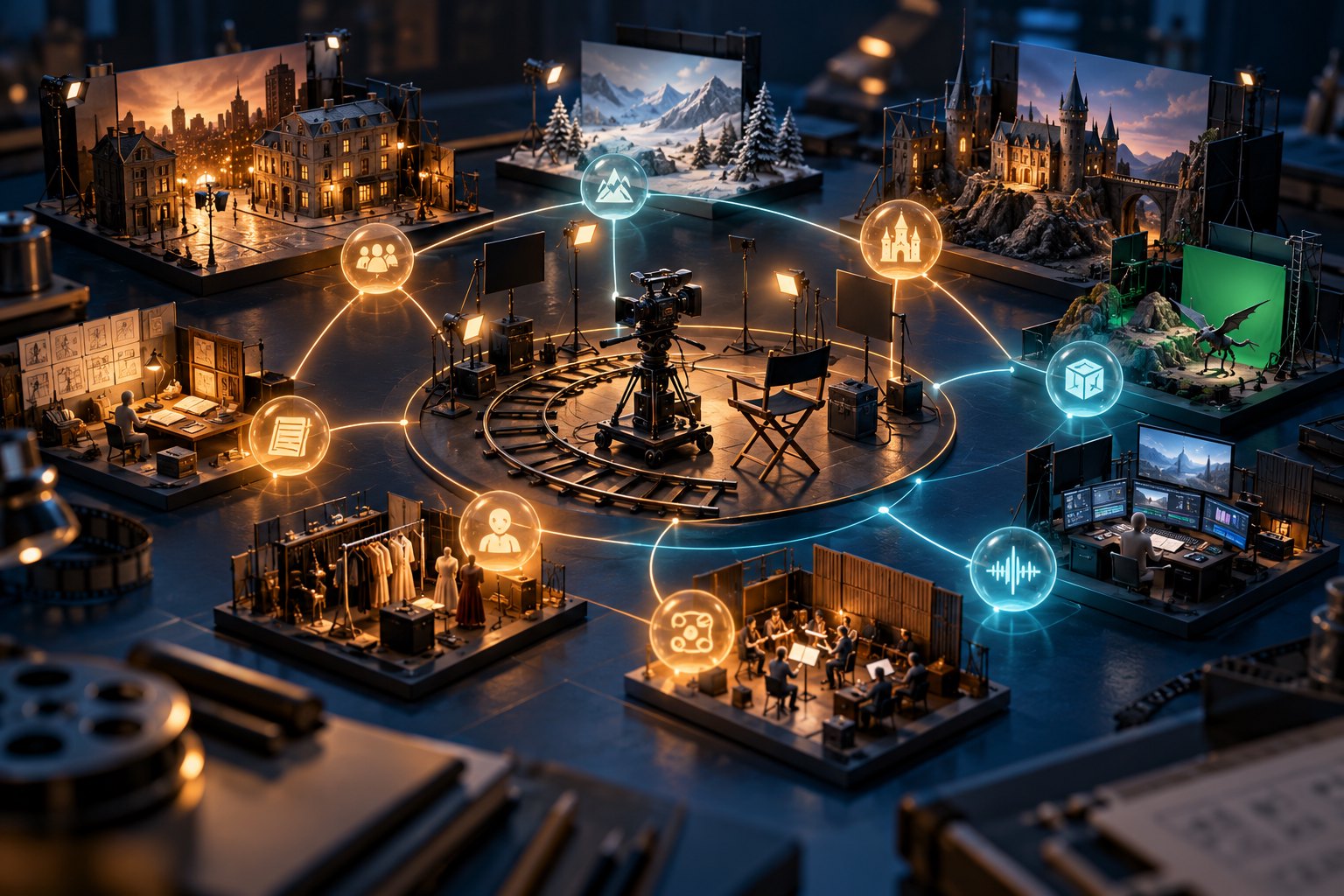 摄影机与导演椅位于微缩片场中央,发光节点连接不同制作场景的概念插画