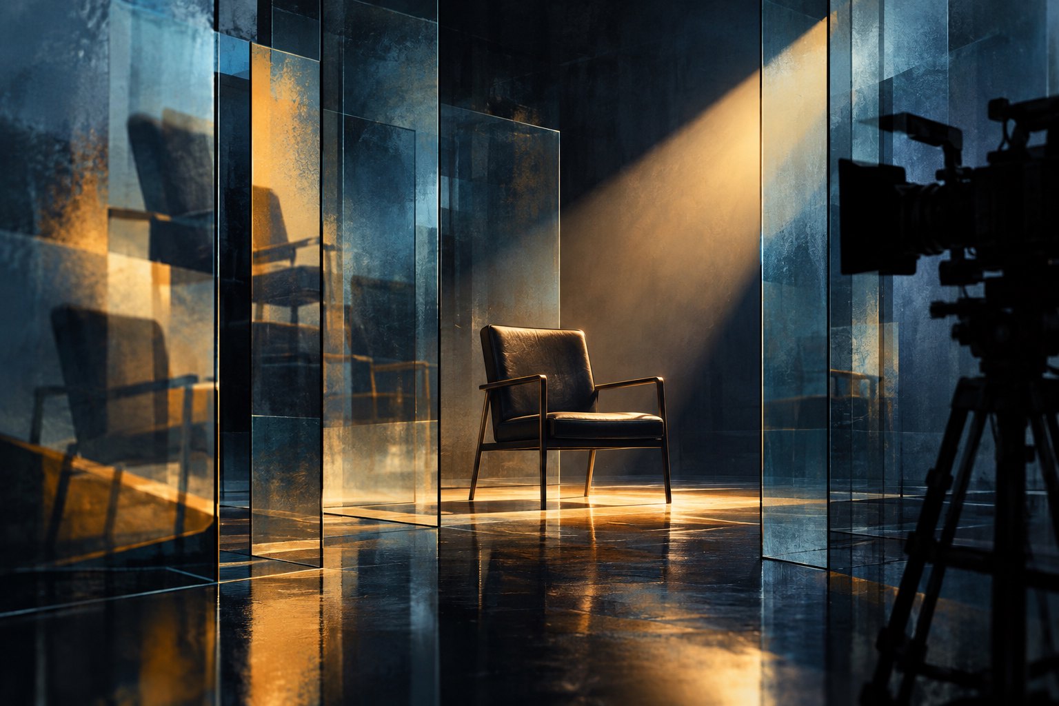 Conceptual illustration of an empty interview chair behind translucent glass panels with a movie camera in silhouette.
