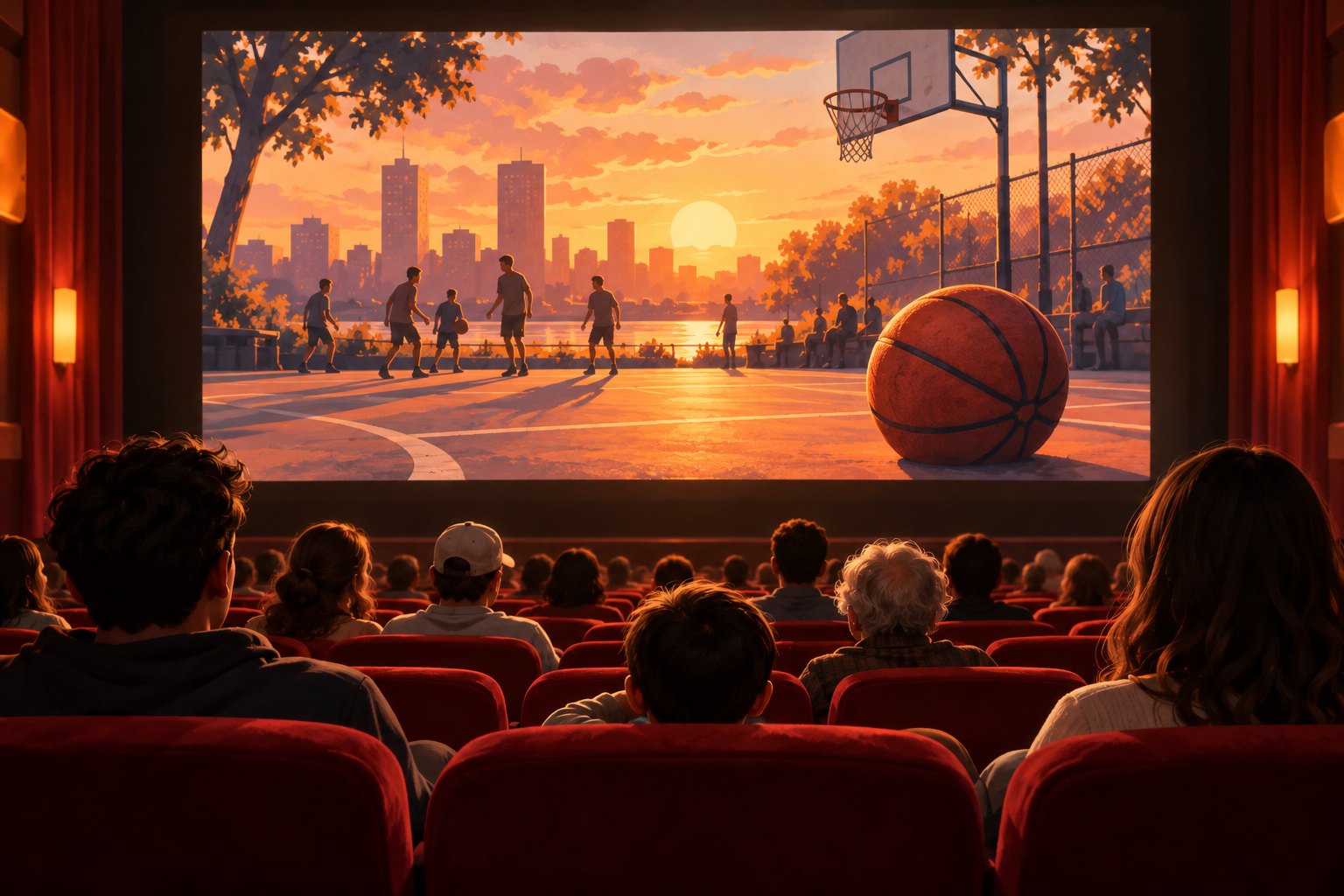 原创插画:观众坐在影院中,观看银幕上夕阳下的篮球场与运动人群