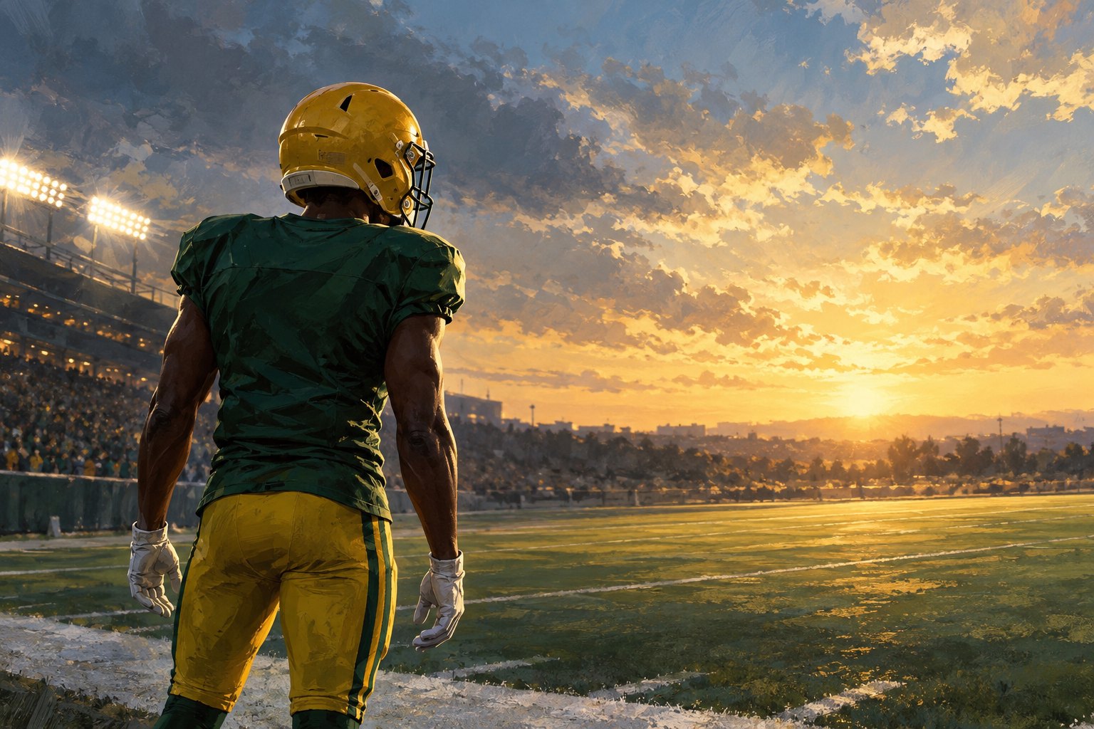 Conceptual painting of an anonymous football player in green and gold looking across a sunlit stadium field.