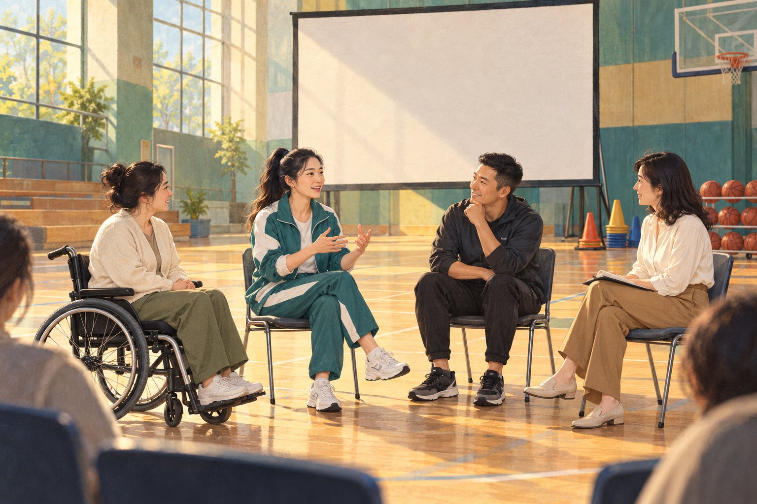 社区体育馆内不同参与者围坐交流电影与运动体验的概念插画
