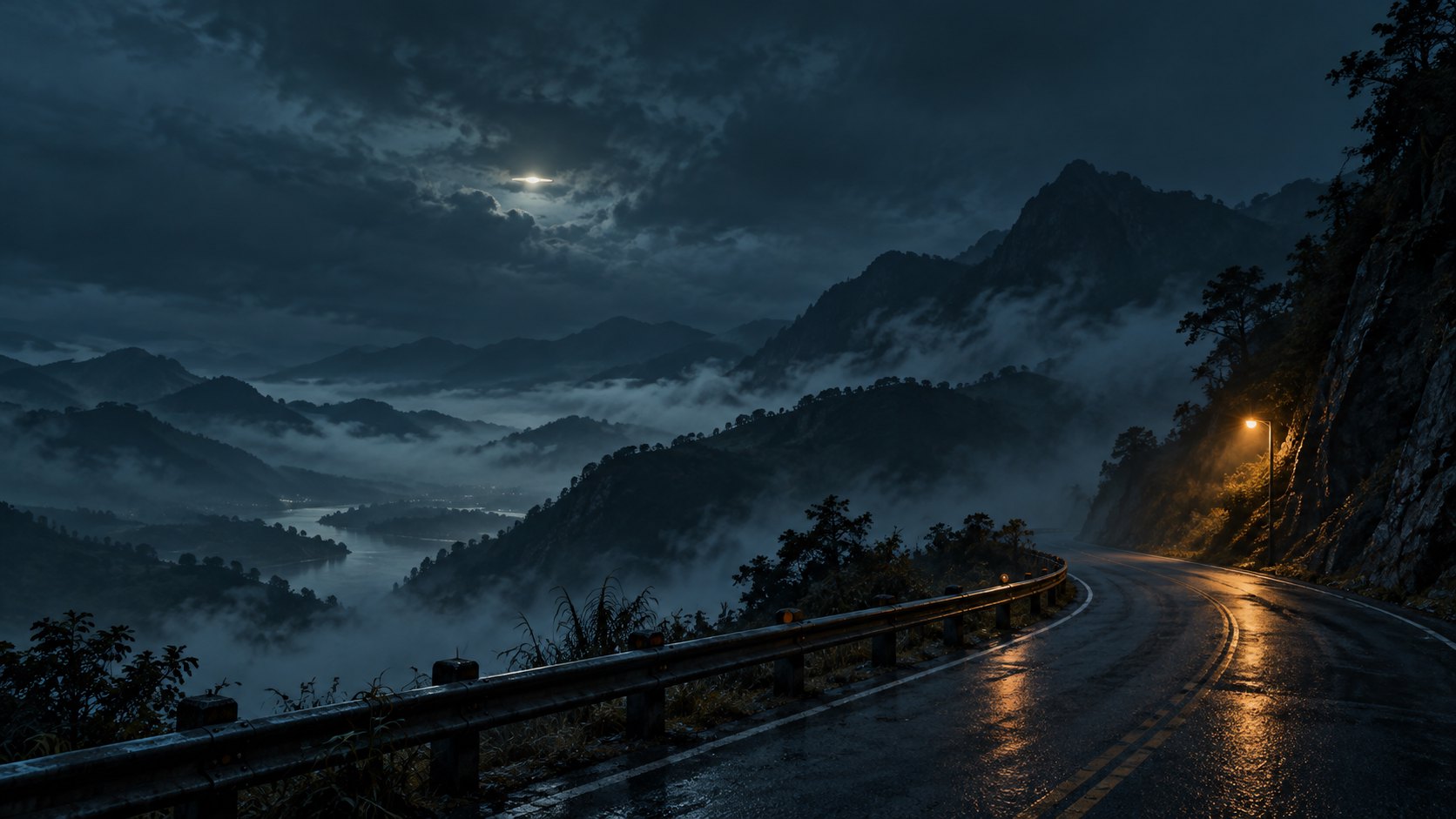 霧氣籠罩的夜間山路上方出現不明亮光，呈現未知與疑案氛圍的概念插畫，非電影劇照