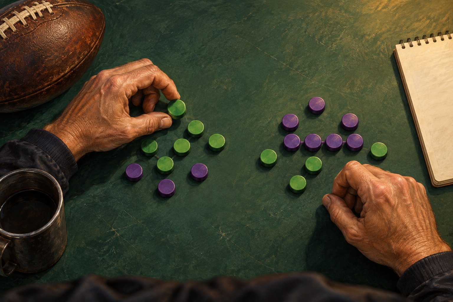 Conceptual overhead illustration of hands arranging green and purple game pieces beside a football and a blank notebook.