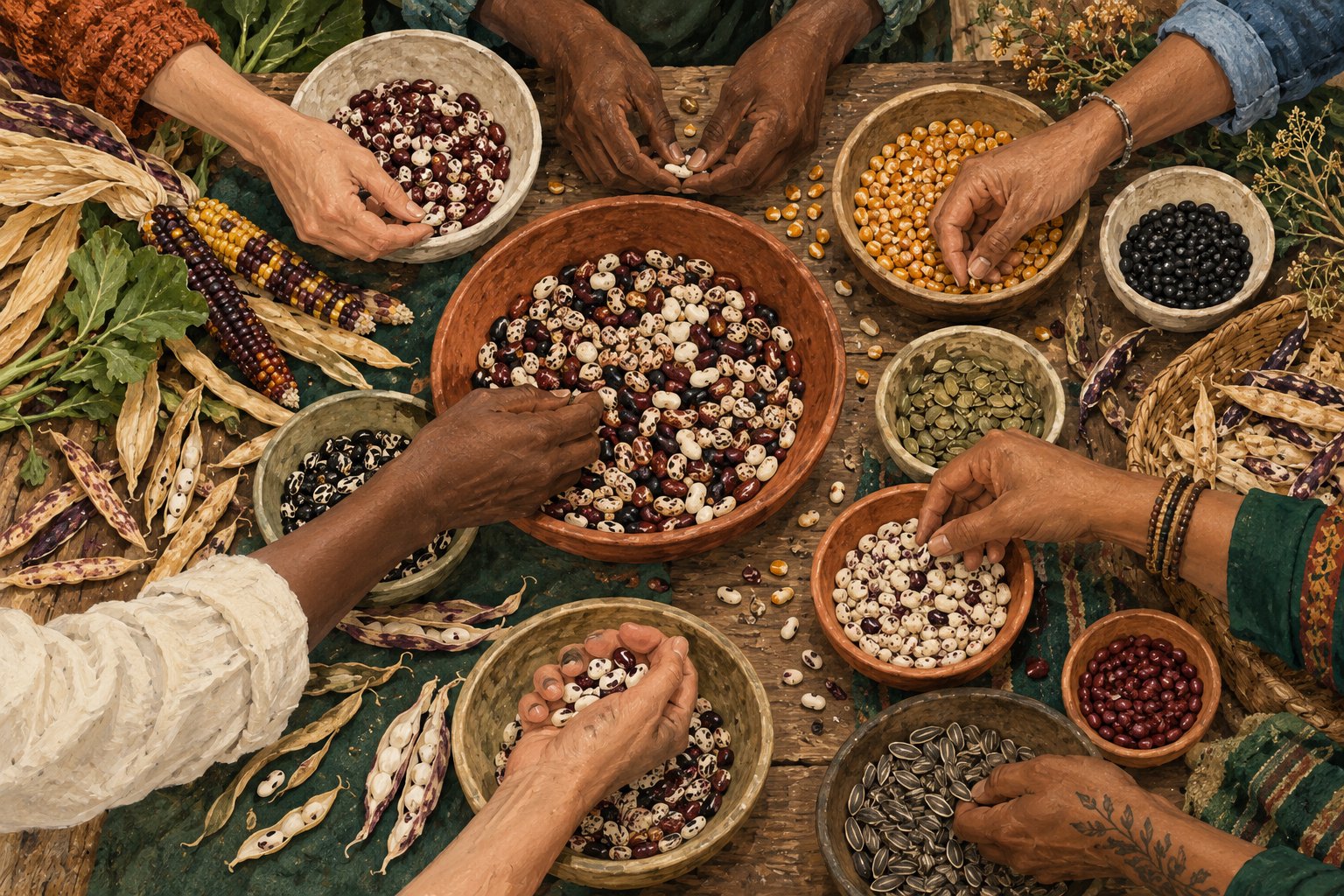 Overhead illustration of hands sorting beans, corn kernels, and seeds into ceramic bowls around a shared table.