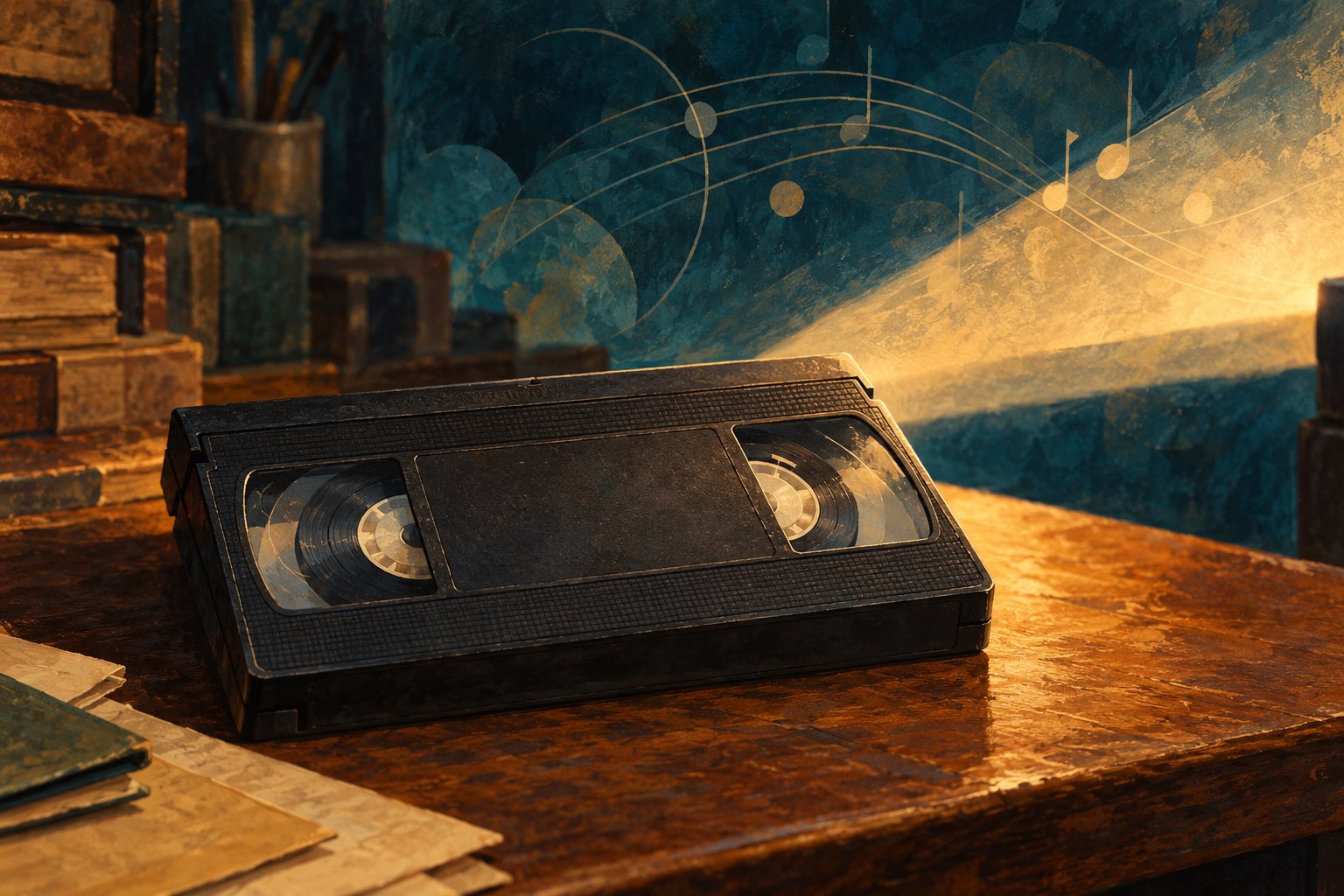 Conceptual illustration of an unlabeled VHS cassette on a wooden desk beside a warm beam of light.