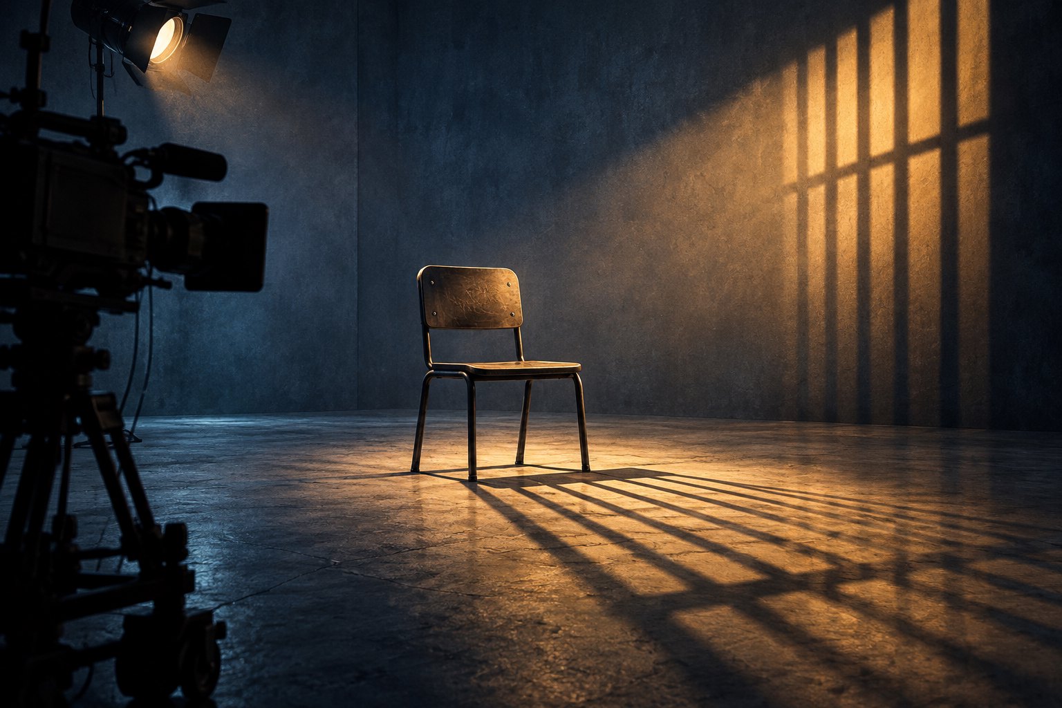 Conceptual illustration of an empty chair beneath prison-bar shadows with a television camera at the edge of the room.