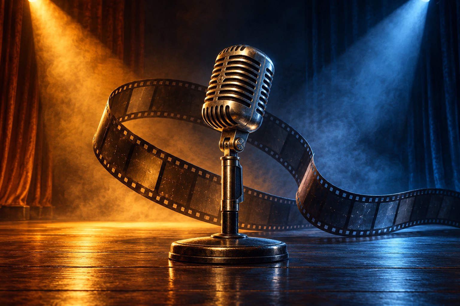 Conceptual illustration of a silver microphone and curling filmstrip on an empty stage divided by amber and blue light.