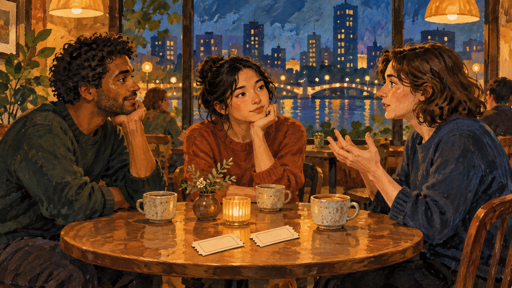 三名朋友在咖啡館交流觀影感受的情境插畫,非《沙央》實際活動紀錄
