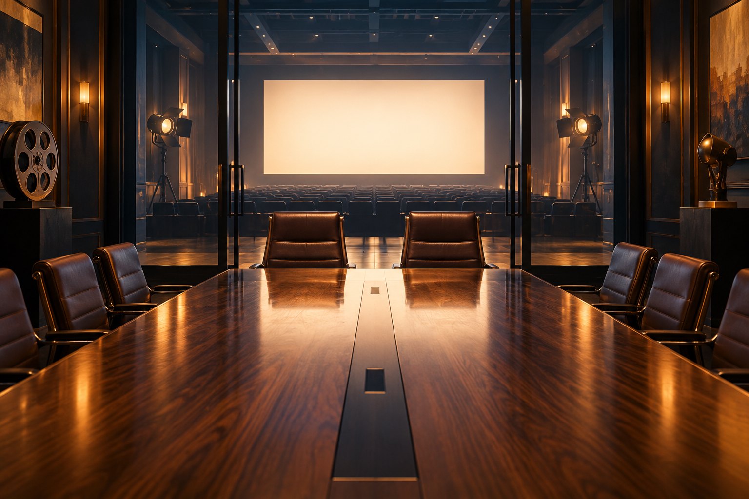 Editorial illustration of a studio conference room with two prominent chairs and a glowing cinema screen beyond the table.