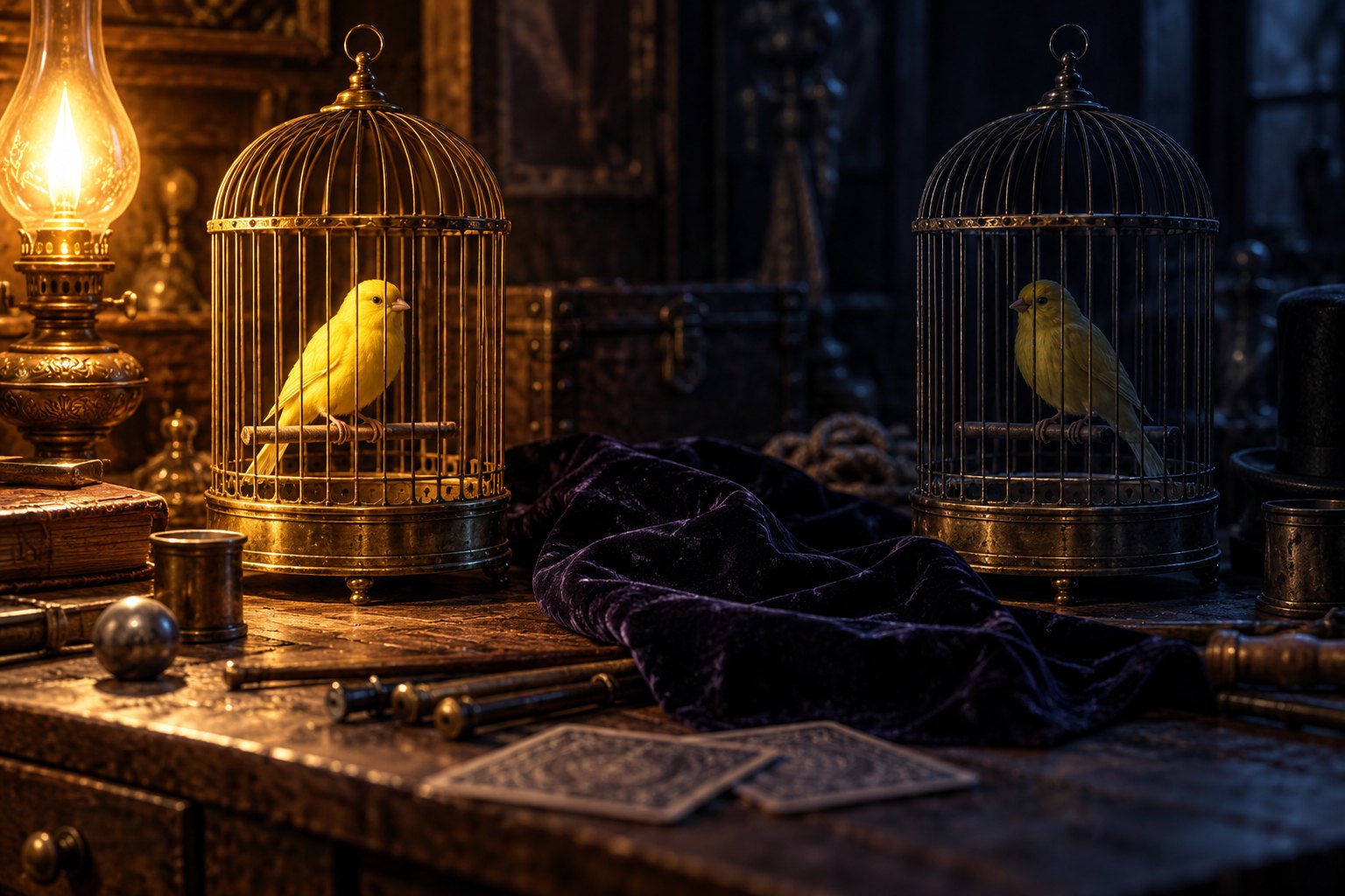 Illustration of two yellow canaries in separate brass cages on a magician’s workbench, one in lamplight and one in shadow.