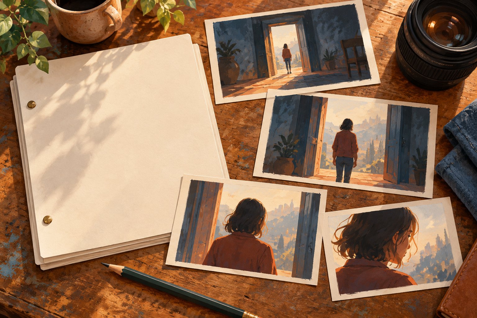 Illustrated storyboard cards show a character in a doorway beside blank pages, a pencil, and a camera lens.