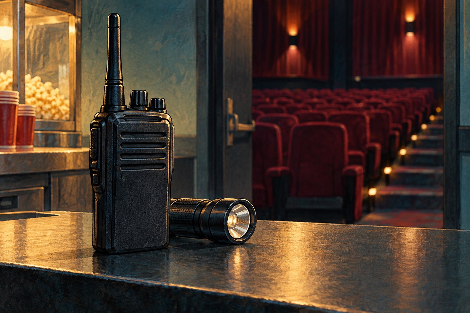 Conceptual illustration of a two-way radio and flashlight on a cinema counter beside an empty auditorium.