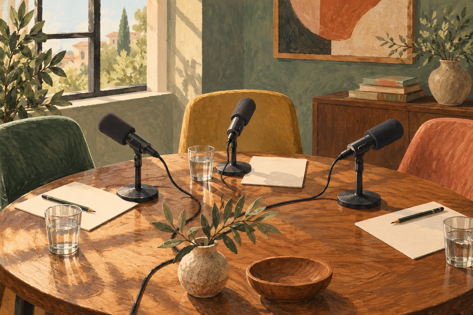 Conceptual illustration of three microphones, blank papers, and water glasses around a wooden discussion table.
