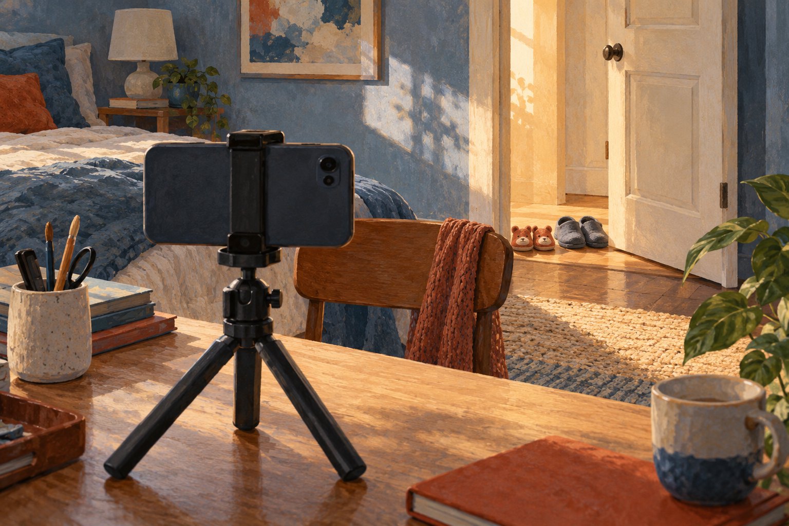 Conceptual illustration of a phone tripod on a bedroom desk, an empty chair, and family slippers near an open door.