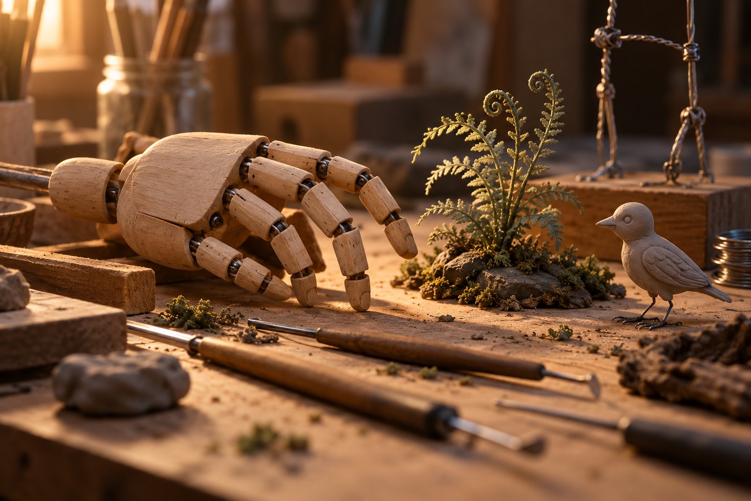 Conceptual workshop illustration showing an articulated wooden hand beside a miniature fern, a clay bird, and sculpting tools.