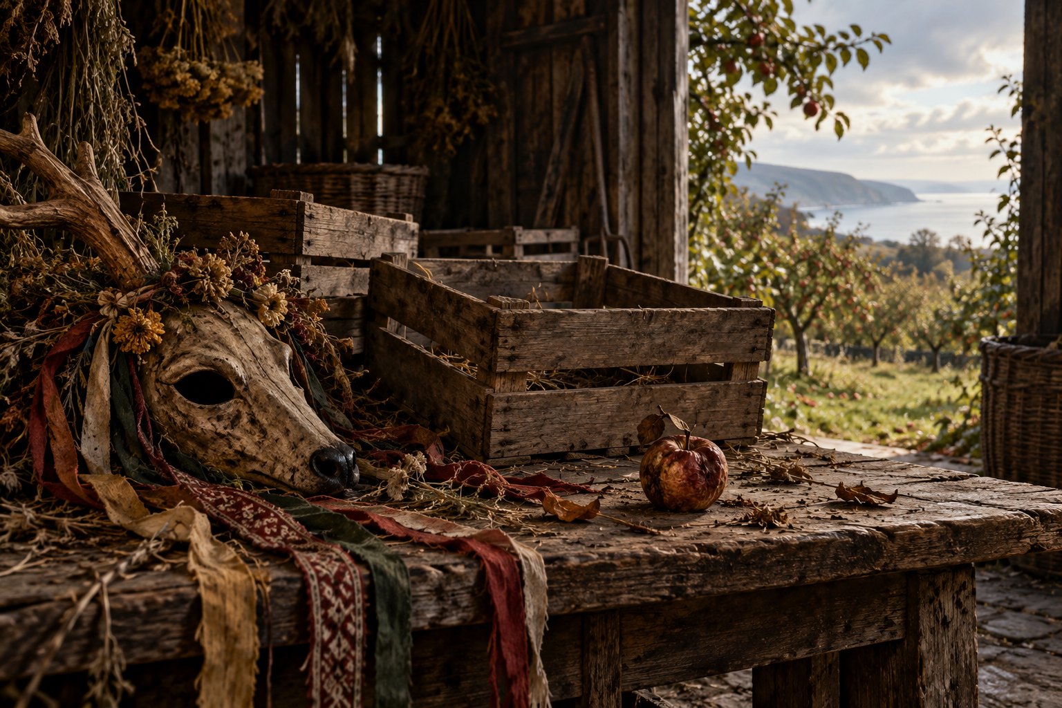 Conceptual illustration of empty fruit crates, a shriveled apple, and an animal festival mask in an orchard shed.