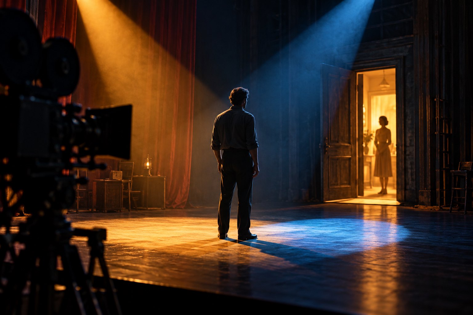 An illustrated figure stands between amber and blue stage lighting, facing an illuminated doorway as a camera watches.