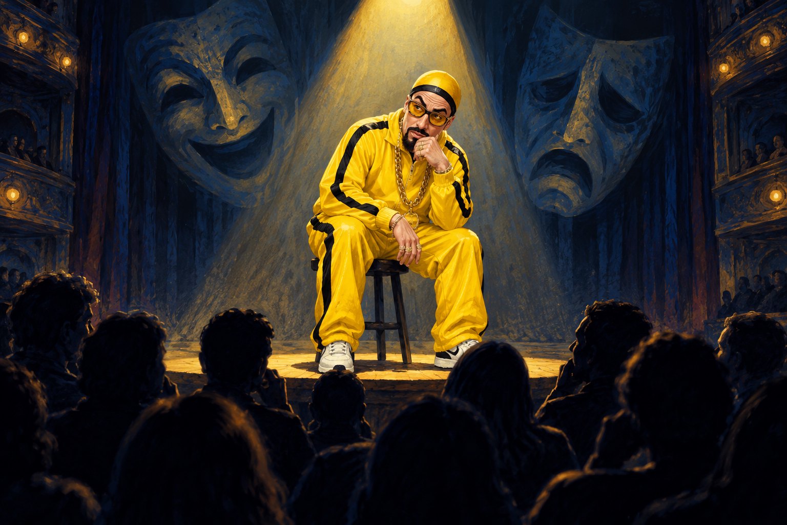 Conceptual illustration of Ali G in yellow clothing under a theater spotlight before a silhouetted audience.