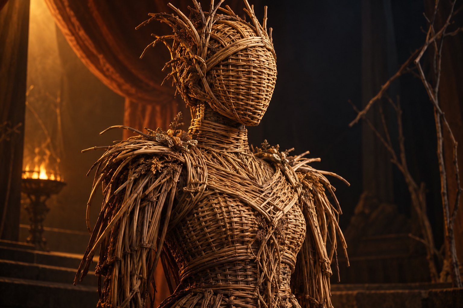 Concept illustration of an imagined woven wicker costume bust under warm theatrical lighting.