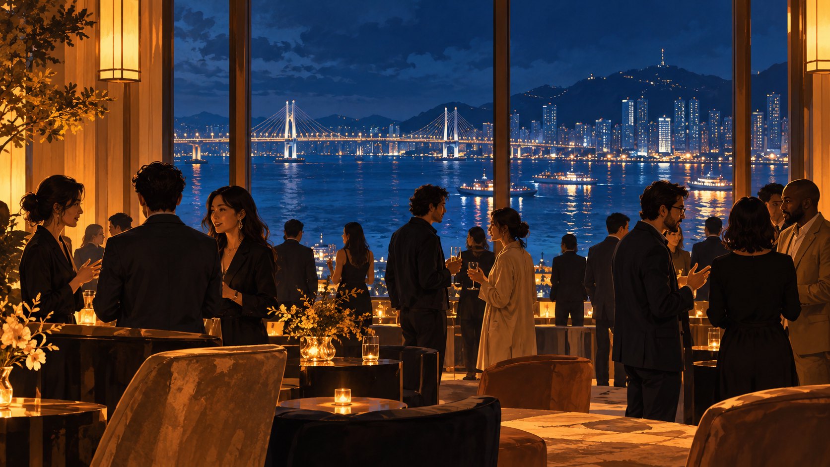 以釜山海港夜色為背景，描繪影視工作者交流的概念插畫，非活動現場紀錄