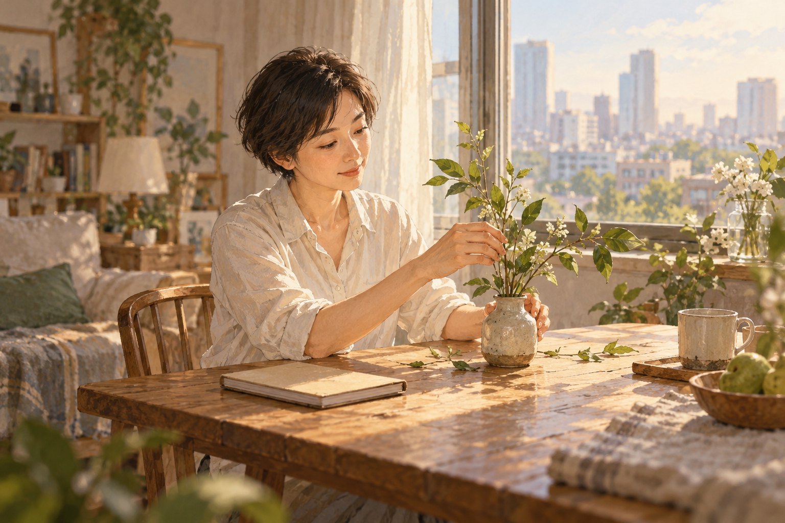 概念插画:短发女性在晨光中的家里整理花枝,呈现诊室之外的日常生活
