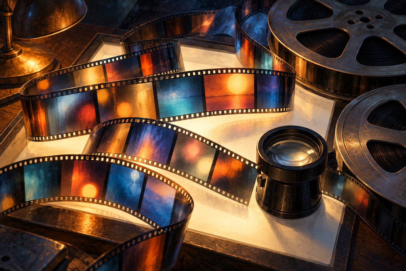 Conceptual illustration of abstract film strips, metal reels, and a magnifying loupe on an illuminated editing table.