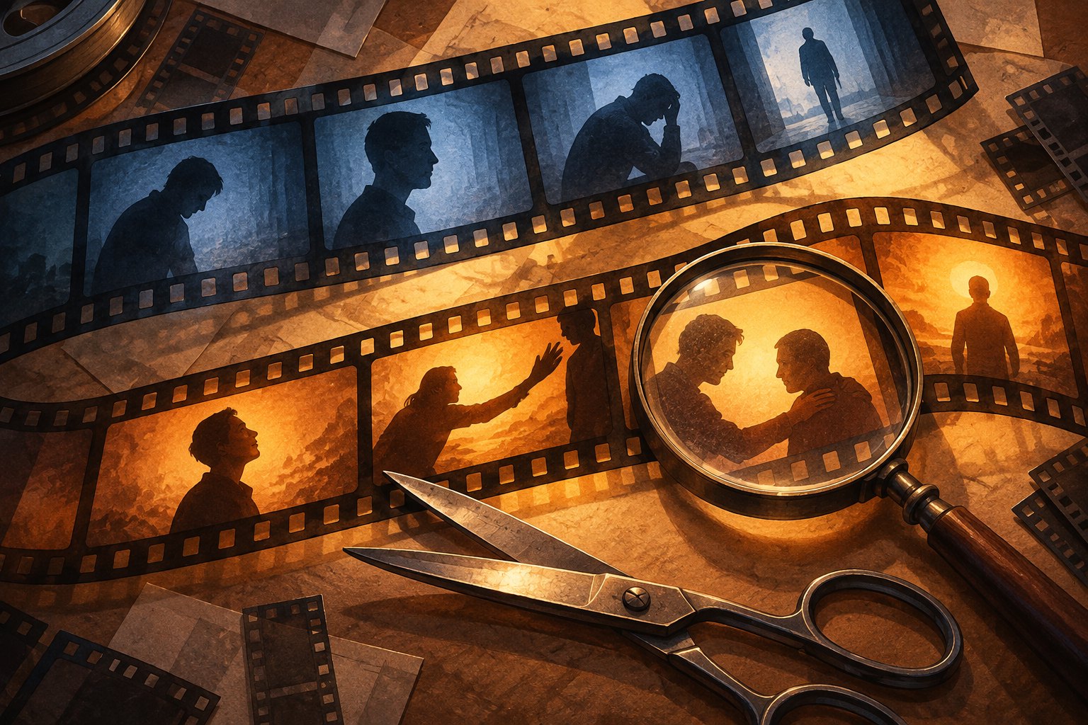 Conceptual illustration of blue and amber film strips with human silhouettes, scissors, and a magnifying glass on an editing table.
