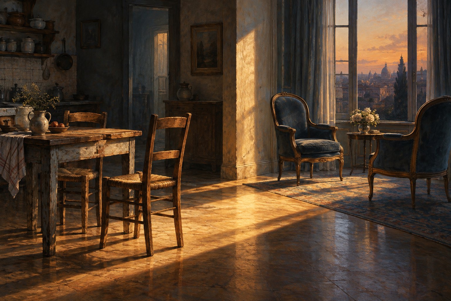 Symbolic illustration of two wooden chairs and two upholstered chairs separated by evening light in a quiet interior.
