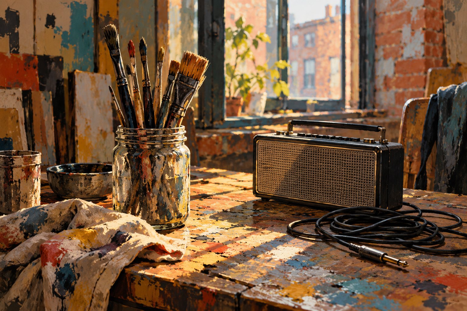 Conceptual illustration of paintbrushes, an analog radio, and a coiled cable on a sunlit artist’s worktable.