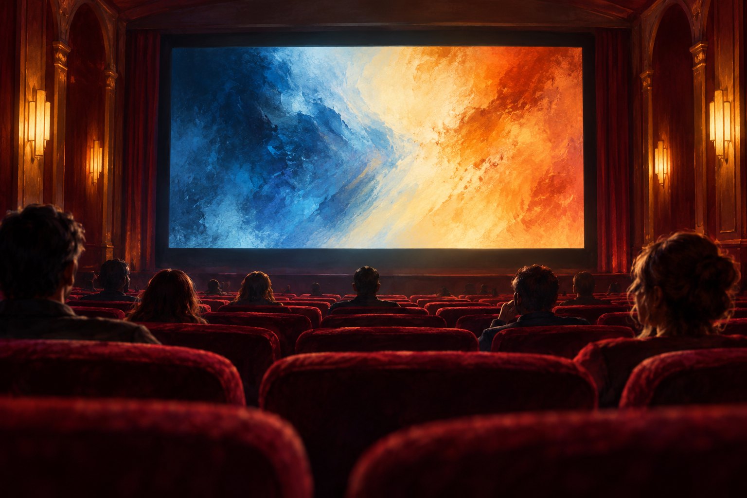 Painterly illustration of moviegoers in a burgundy-seated theater facing a screen filled with blue and amber light.