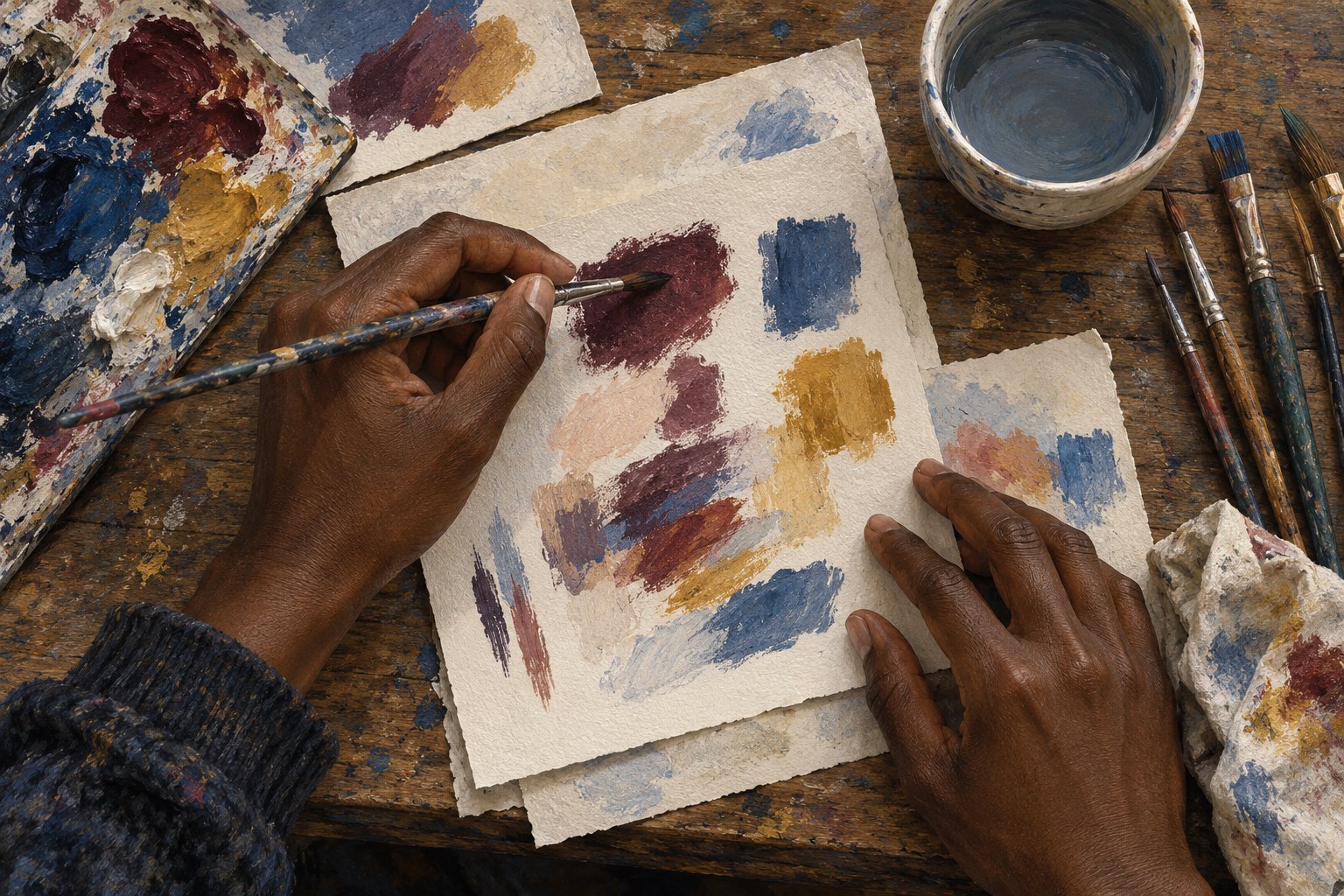 Conceptual overhead illustration of a painter’s hands working with blue, burgundy, and ochre paint samples at a wooden table.