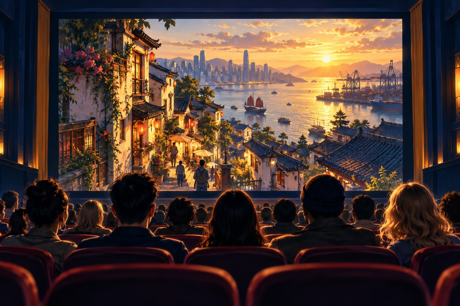 原创插画：观众坐在影院中，观看融合中国街巷与港口景观的银幕画面