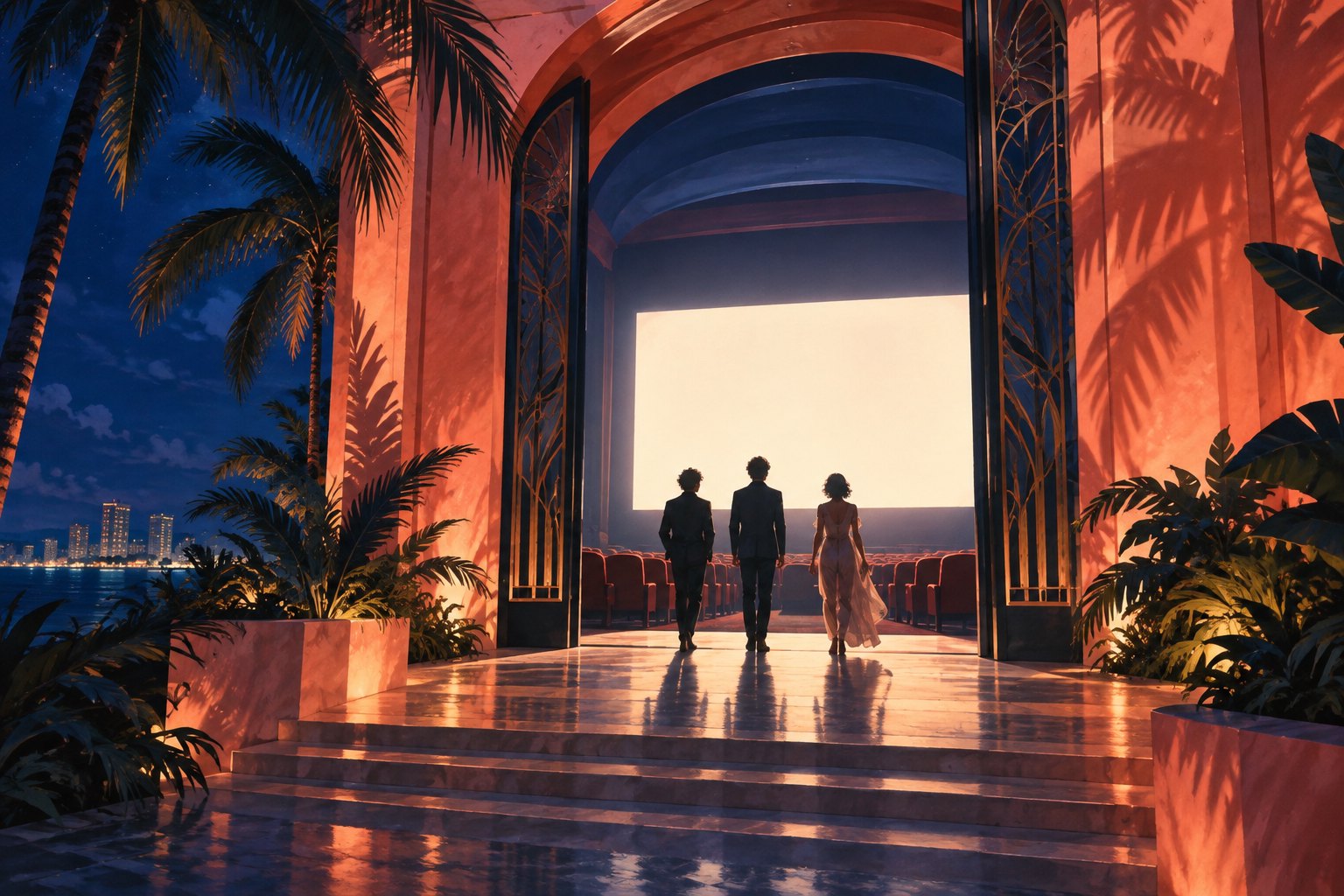 Conceptual illustration of three figures approaching a glowing cinema screen through a coral-colored entrance framed by palms.