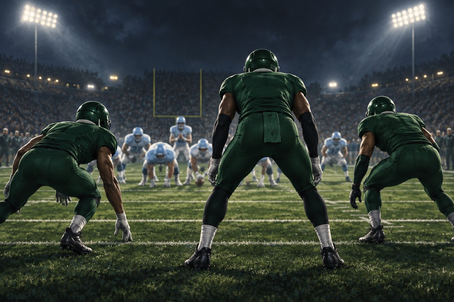 Illustration of three football defenders in dark green uniforms facing an opposing formation under stadium lights.