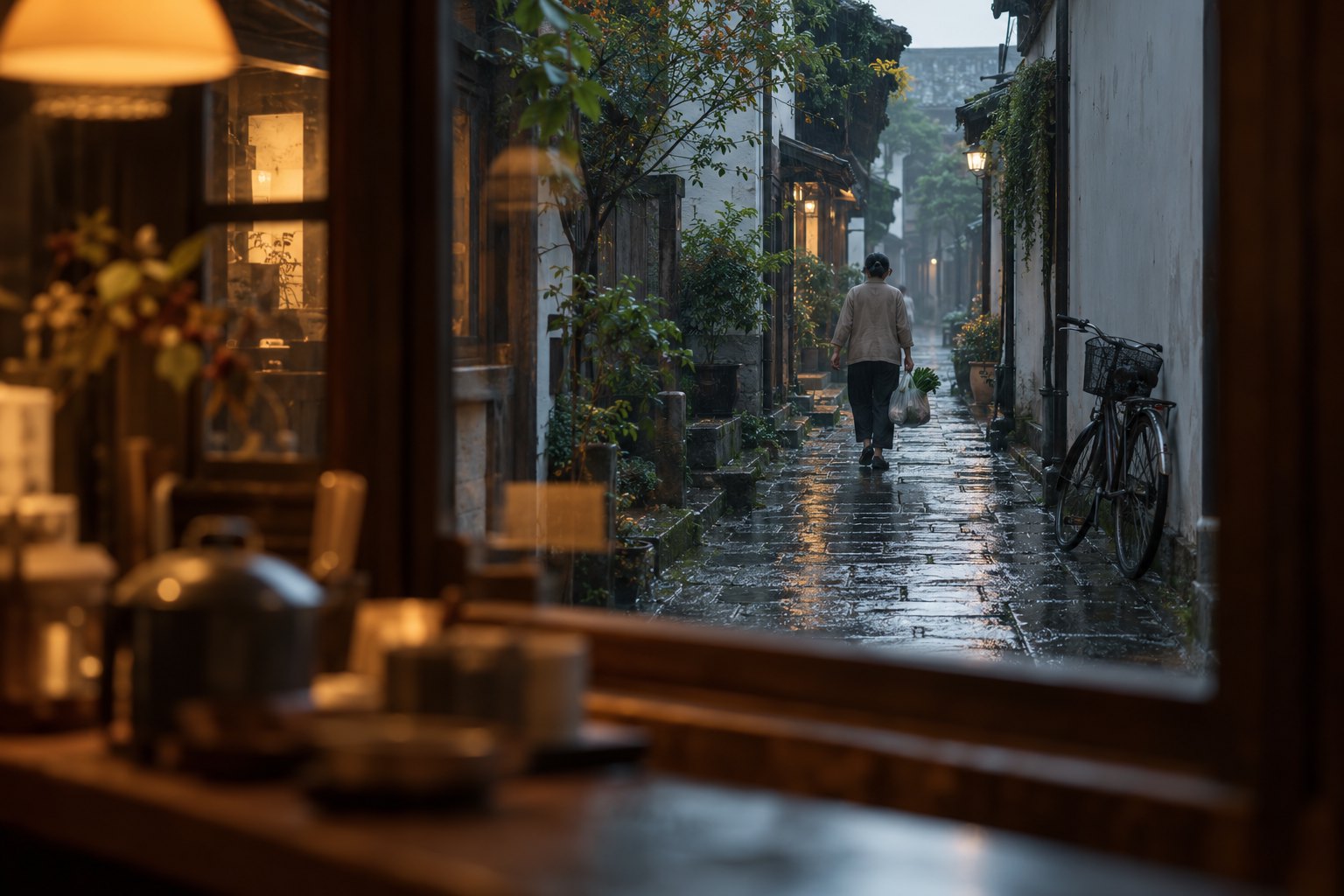 杭州街巷意象插画:从暖光窗内望向雨后巷道,提菜行人与墙边自行车形成生活场景