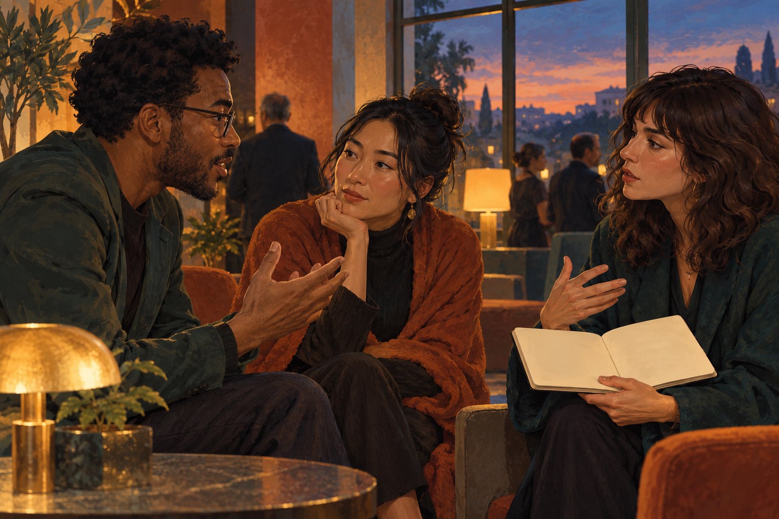 Illustration of three moviegoers discussing a screening in a cinema lobby, with an open blank notebook.