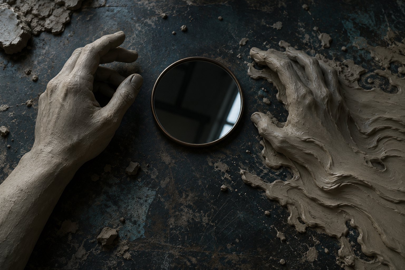 Conceptual illustration of two clay hands, one solid and one spreading into soft ridges, beside a round mirror.