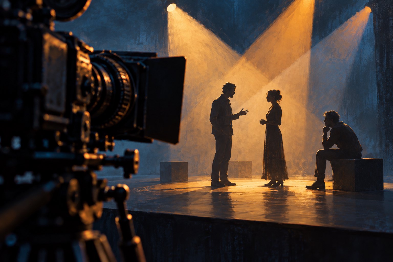 Conceptual illustration of a film camera facing three anonymous performers in overlapping pools of warm stage light.