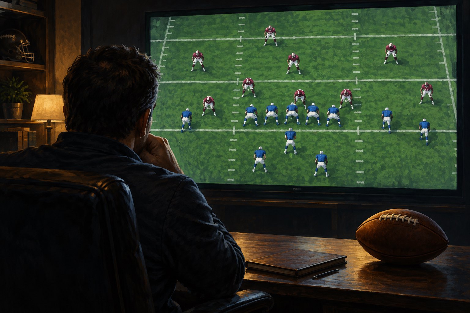 Illustration of an analyst studying a football formation on a large screen, with a football and notebook on the desk.