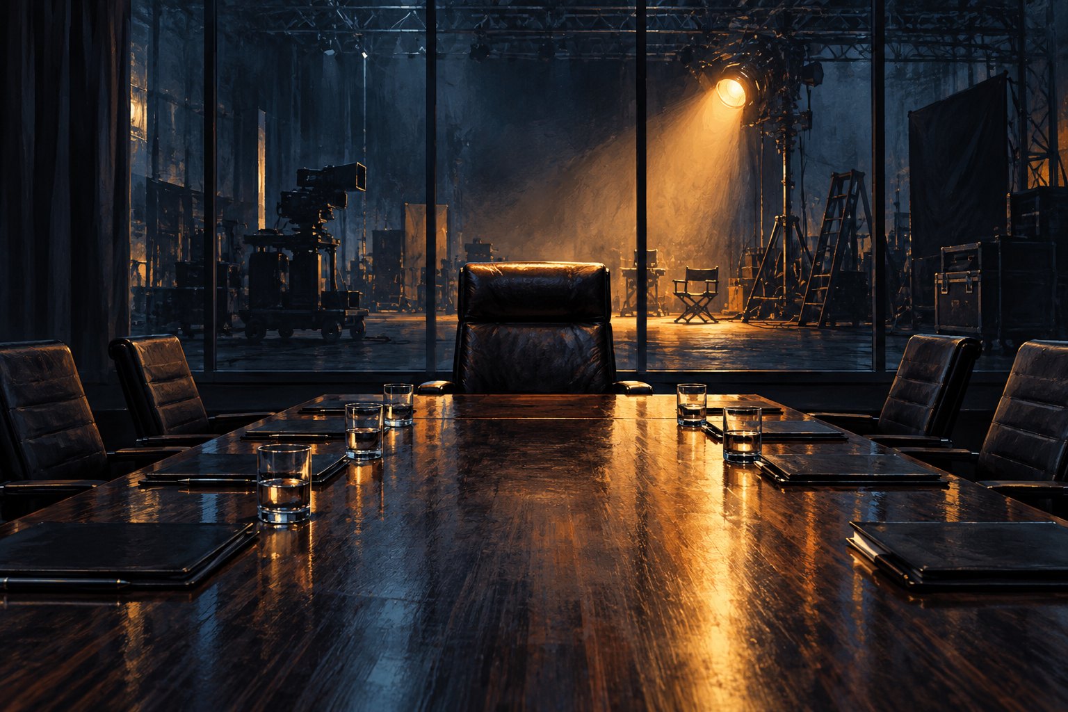 Conceptual illustration of an empty executive chair at a conference table overlooking a dim film soundstage.