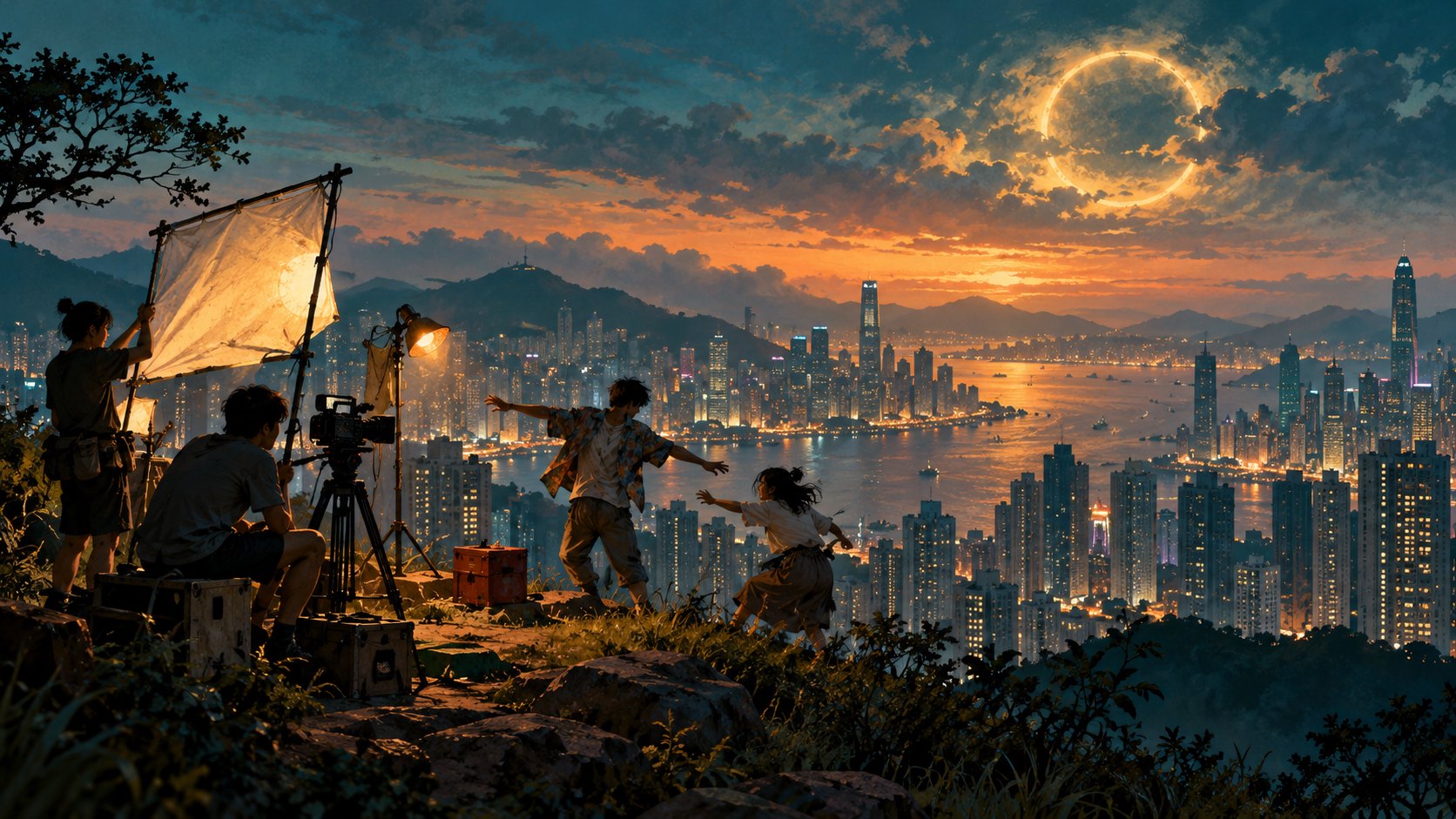 小型攝影團隊在城市山坡架設器材,暮色天空浮現環形光影的概念插畫,非電影劇照