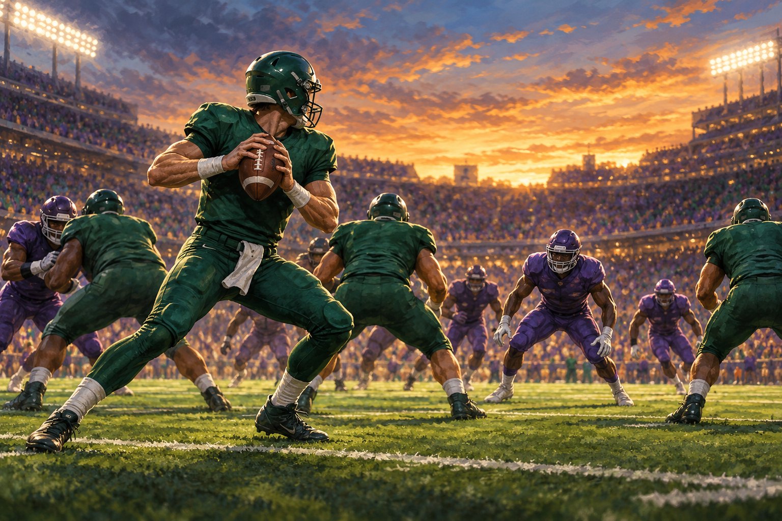 Editorial illustration of a quarterback in green surveying defenders in purple under glowing stadium lights.