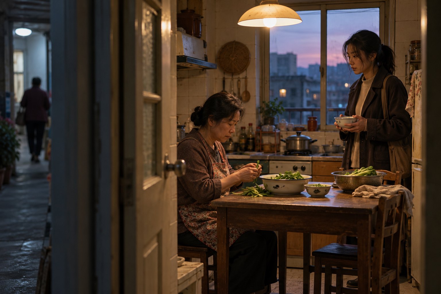 小厨房里,中年女人坐着择菜,年轻女人端碗站在桌旁,门外走廊有人经过