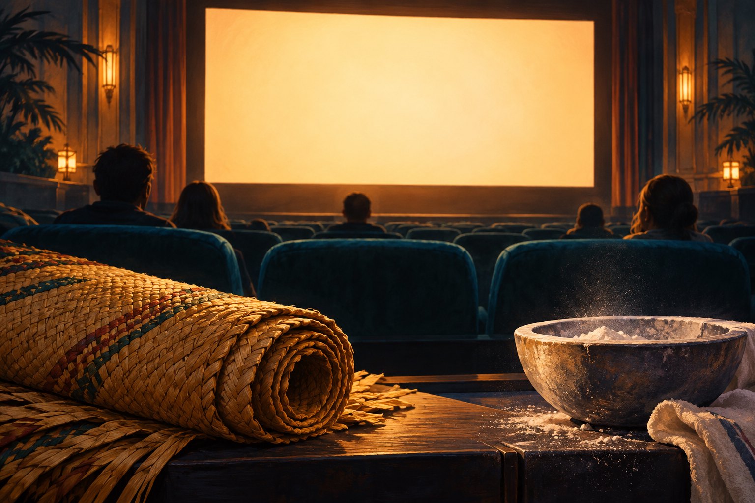 Conceptual illustration of a glowing cinema screen, audience silhouettes, a rolled woven mat, and a bowl of gymnastics chalk.