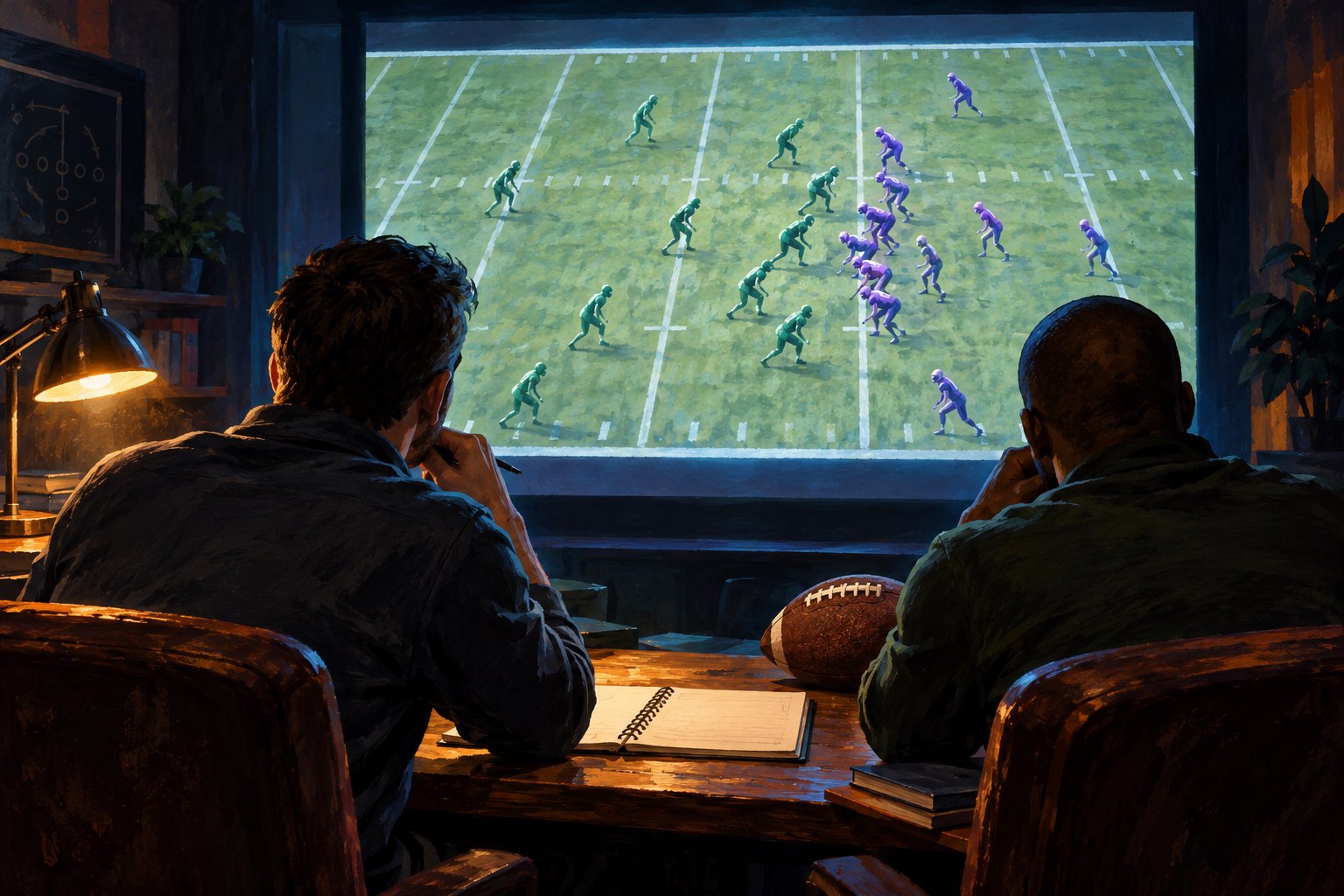 Editorial illustration of two analysts studying a projected football formation in a dim screening room.
