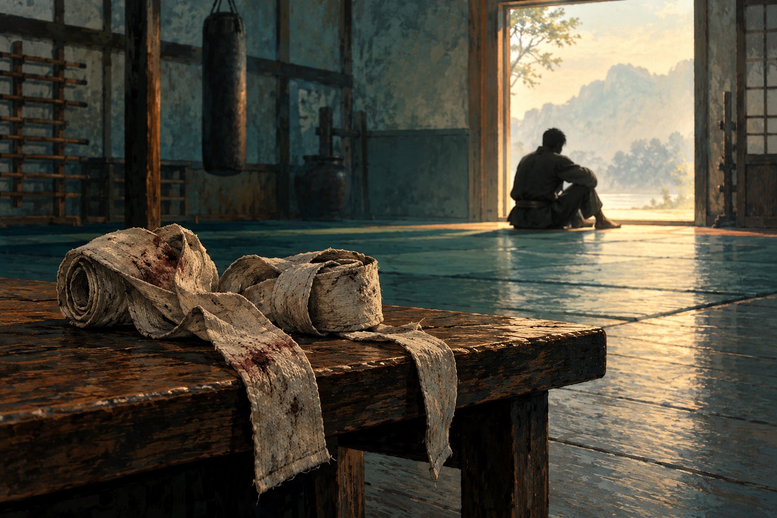 Conceptual illustration of worn hand wraps on a wooden bench as a lone fighter sits beside a sunlit training-room doorway.