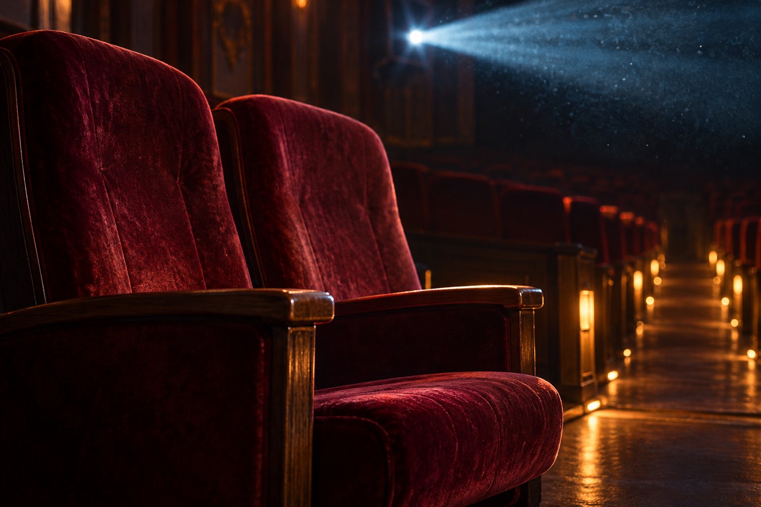 Two empty burgundy velvet cinema seats beneath a projector beam beside a warmly lit aisle.