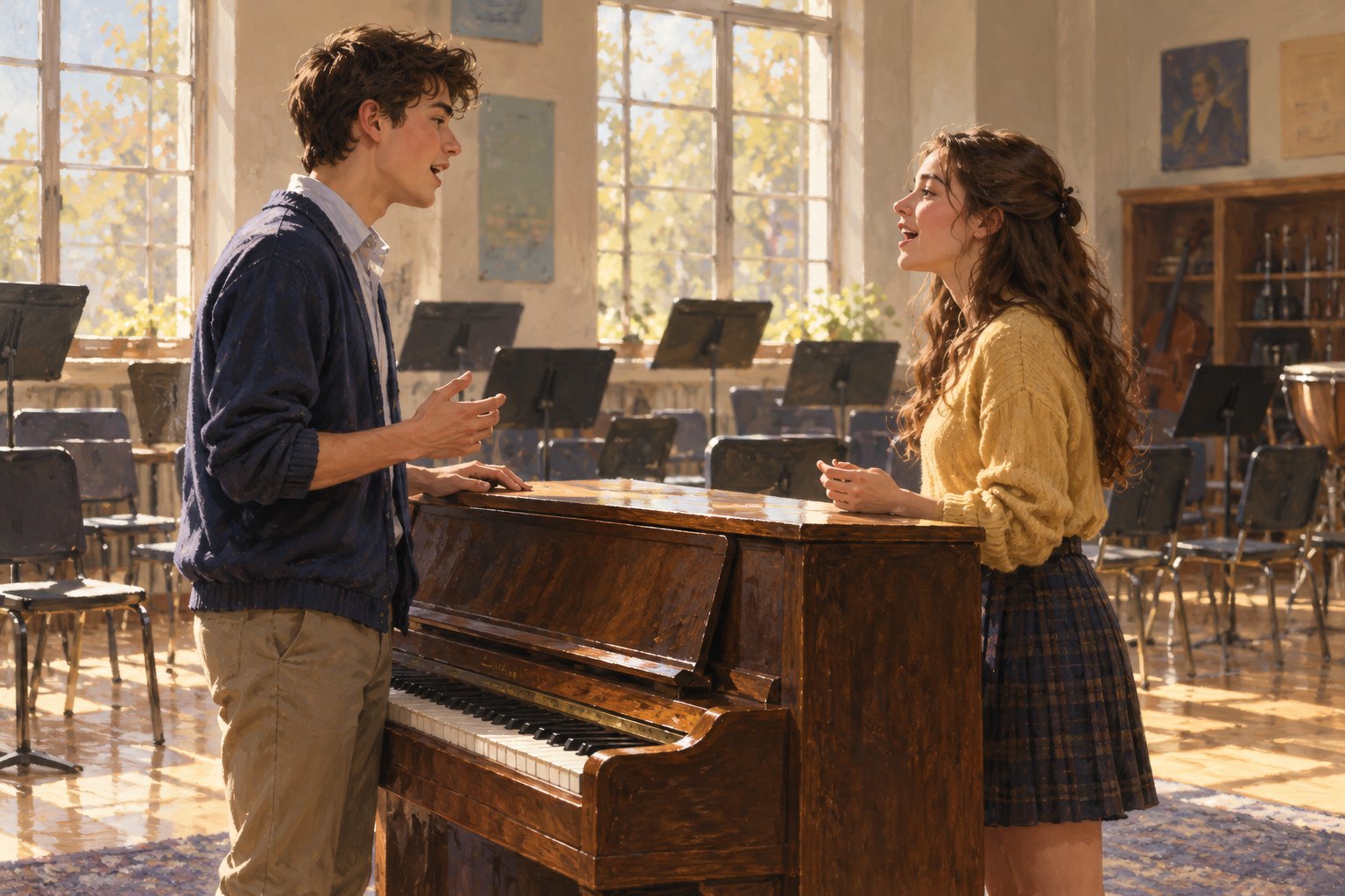 An illustration of two students singing across an upright piano in a sunlit school music room.