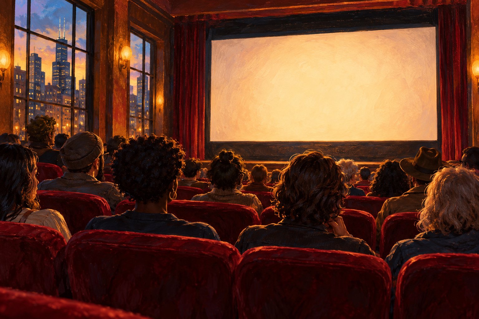 Conceptual illustration of an audience facing a glowing blank screen in a warmly lit independent cinema.