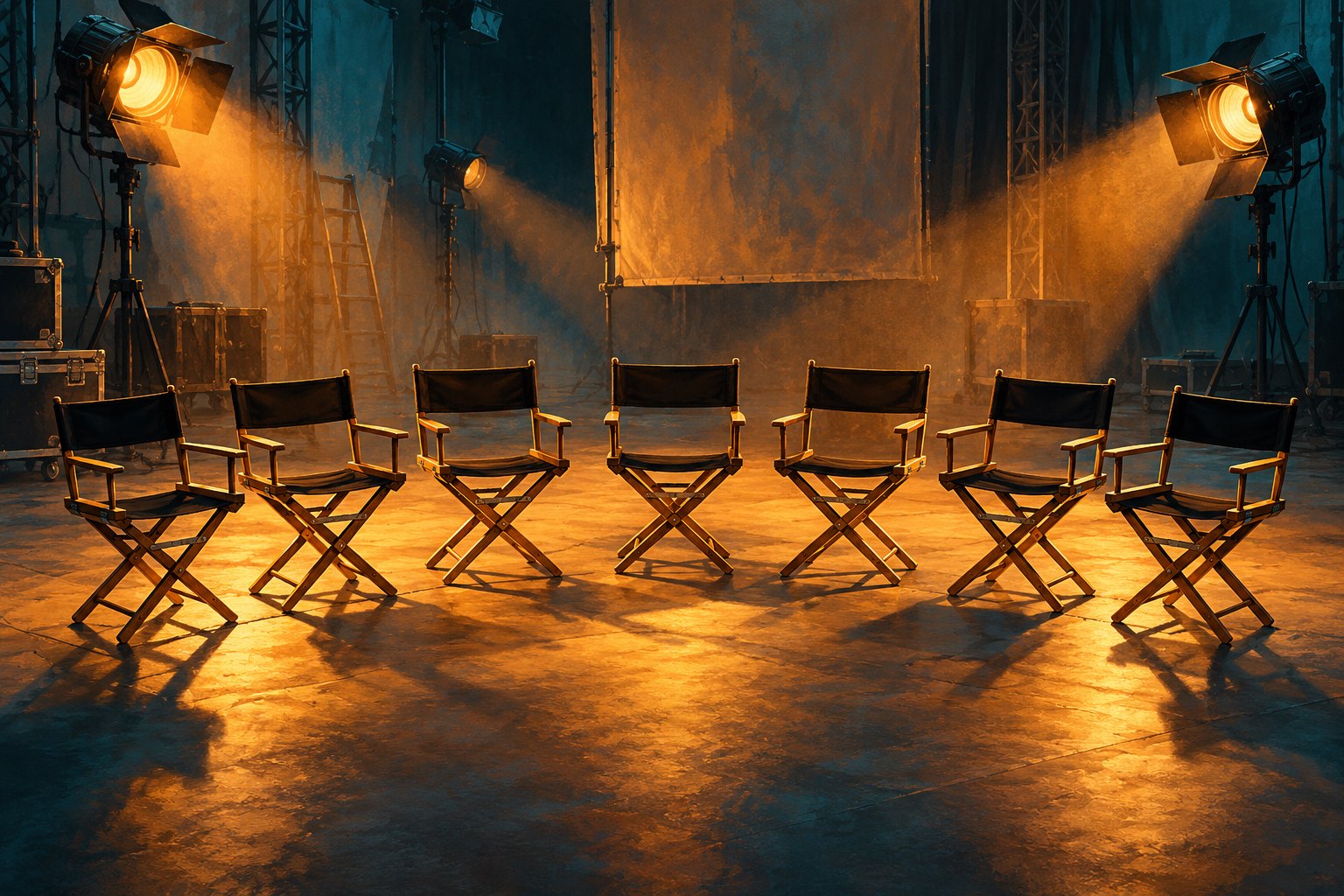 Conceptual illustration of seven empty director chairs under warm spotlights on a teal-toned soundstage.
